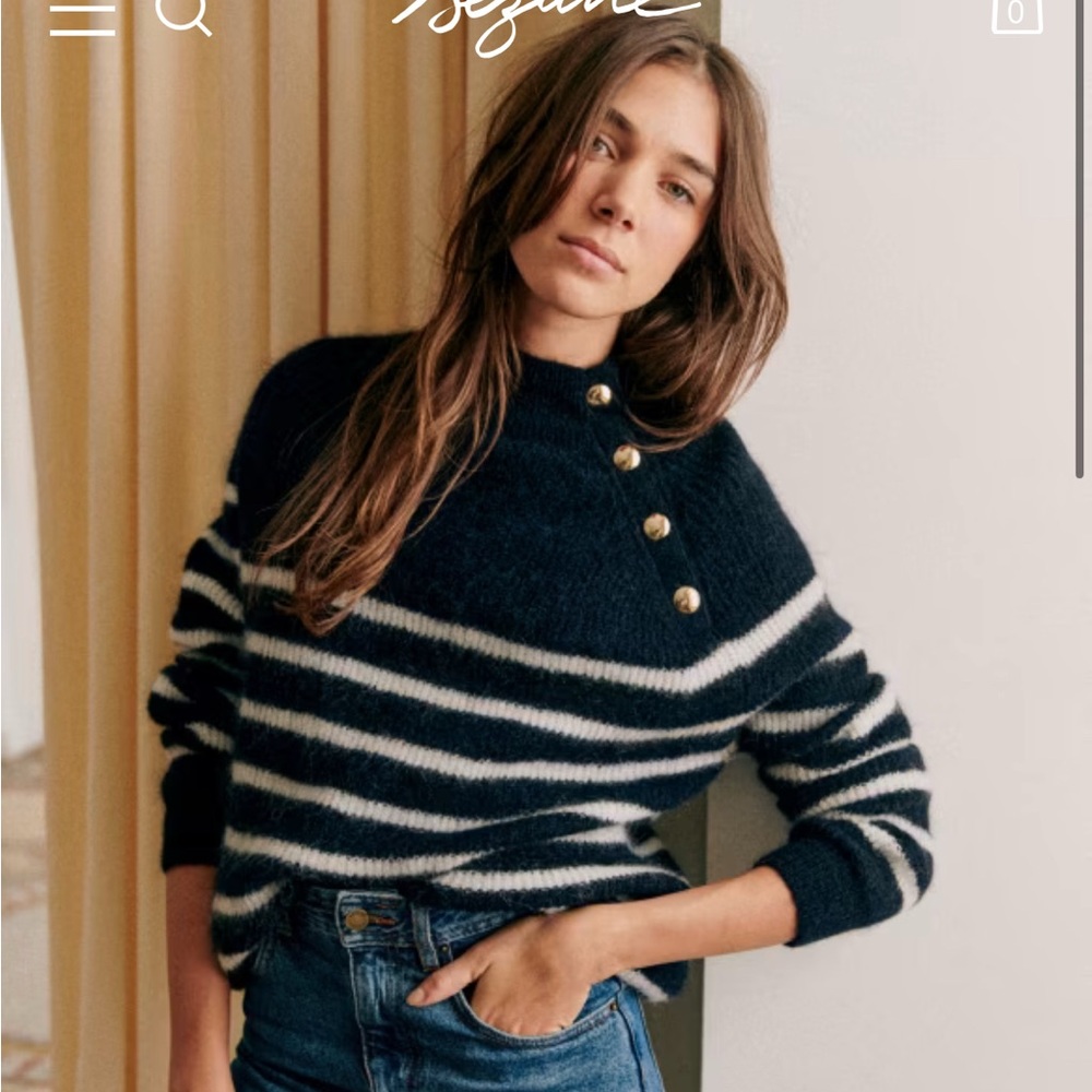 Sezane Dark Blue and White Striped Turtleneck Sweater